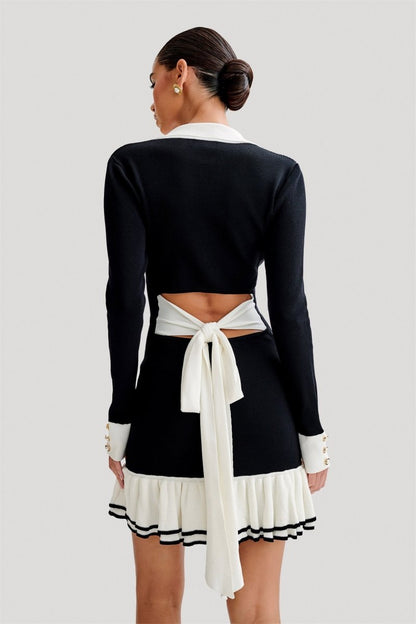 Vestido Mini de Tricot com Babado Contrastante e Laço - Alexia