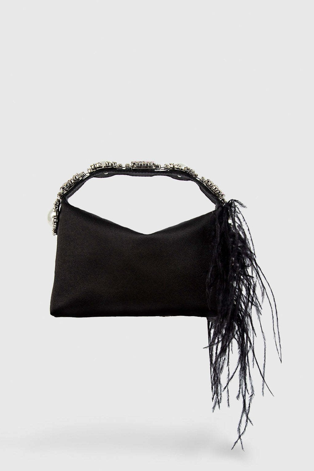 Bolsa Bento de Cetim com Penas e Diamantes