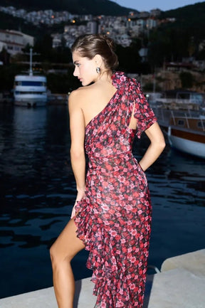 Vestido Estampado Floral com Babados Kidney – Vermelho Escuro