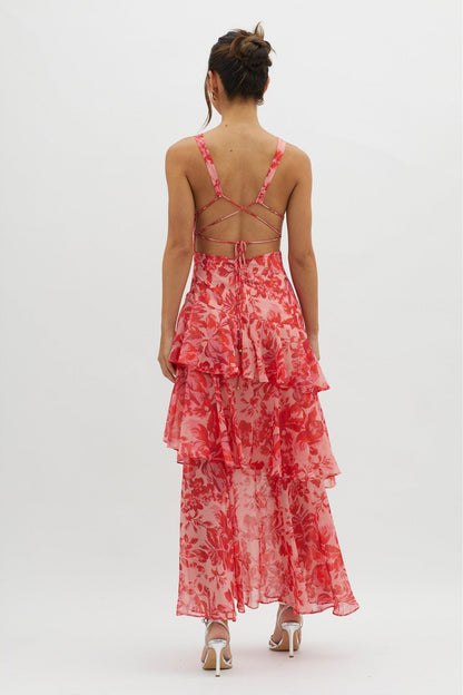Vestido Longo com Babados e Amarração nas Costas