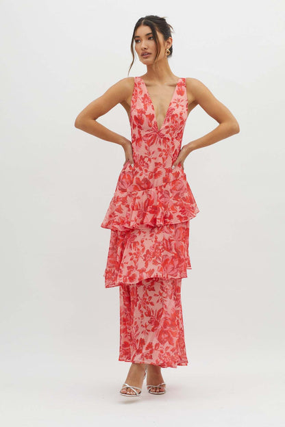 Vestido Longo com Babados e Amarração nas Costas