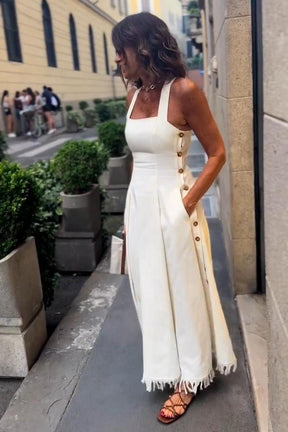 Vestido Longo Boho Branco com Franjas e Bolsos