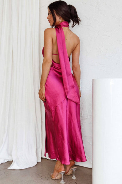 Vestido Midi Nad em Cetim com Decote Halter Drapeado