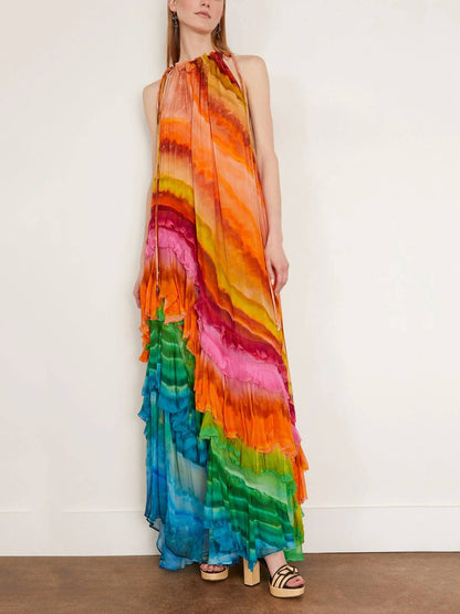 Vestido Longo Iris com Camadas Multicoloridas