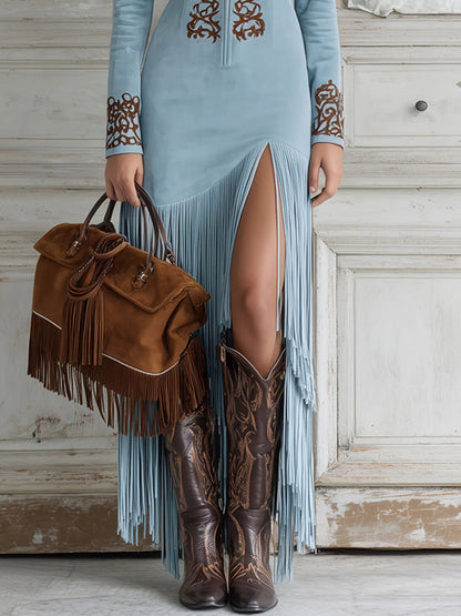 Vestido Longo Western com Franjas e Bordado em Camurça Sintética