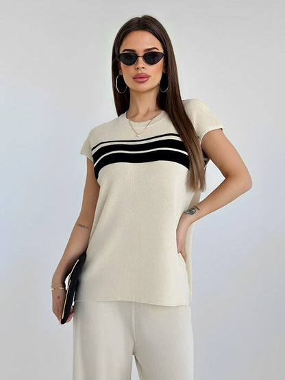 Conjunto Feminino de Viscose com Listras Blusa de Manga Curta e Calça com Cós Elástico - Emilia