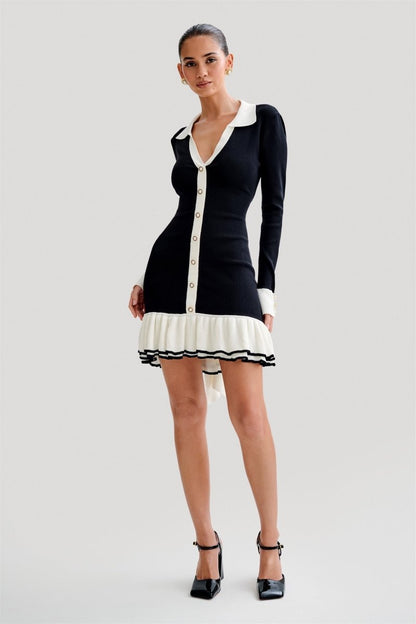 Vestido Mini de Tricot com Babado Contrastante e Laço - Alexia