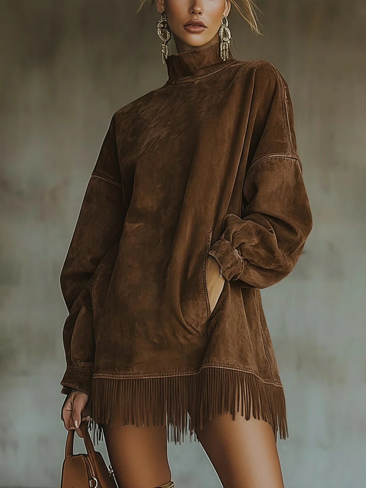 Vestido Gola Alta em Suede Sintético com Barra de Franjas