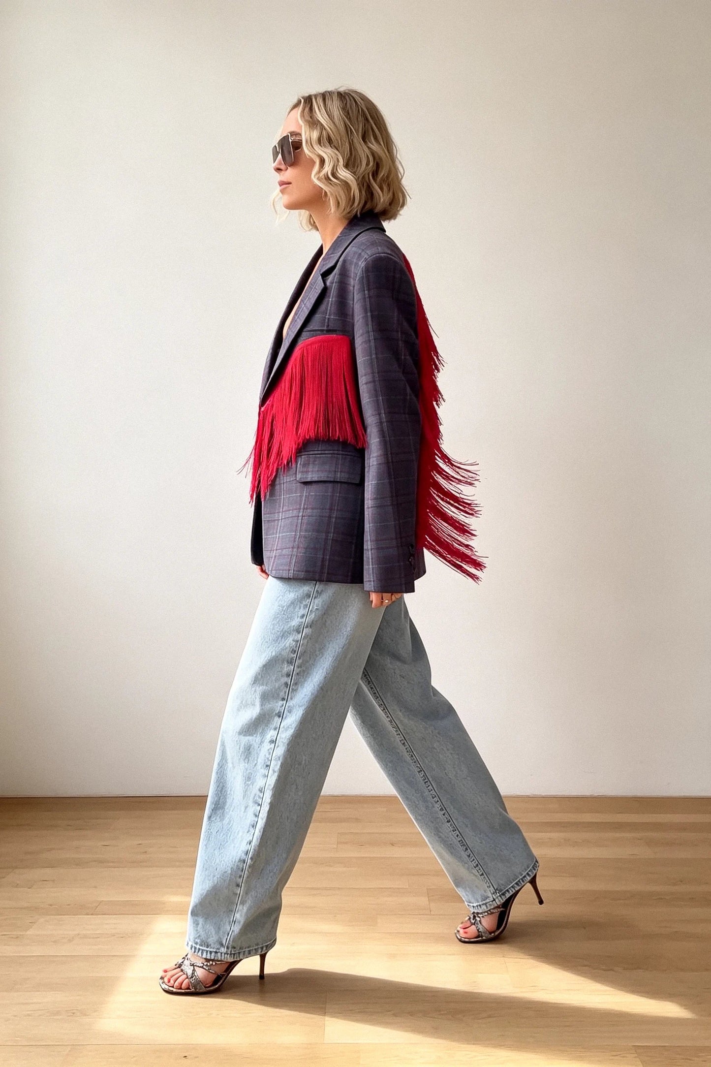 Plaid Blazer with Red Fringe Angel Wings