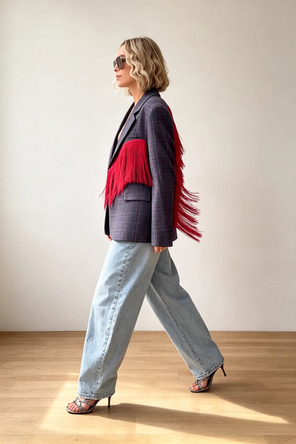 Plaid Blazer with Red Fringe Angel Wings