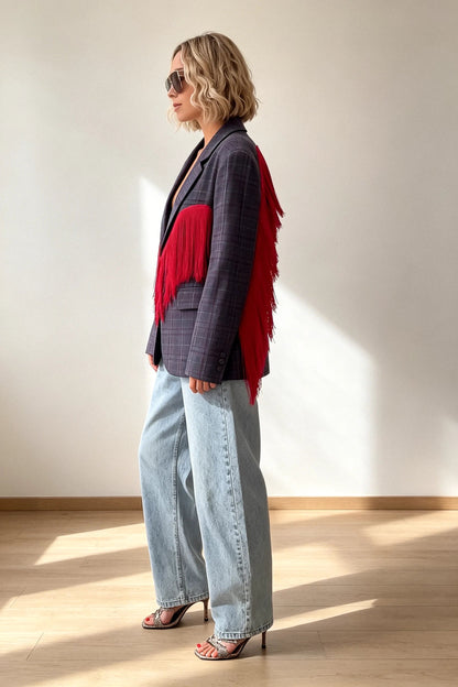 Plaid Blazer with Red Fringe Angel Wings