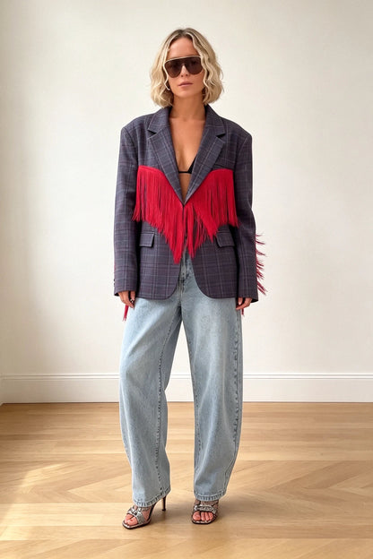 Plaid Blazer with Red Fringe Angel Wings