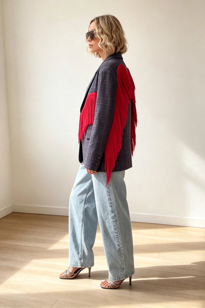 Plaid Blazer with Red Fringe Angel Wings
