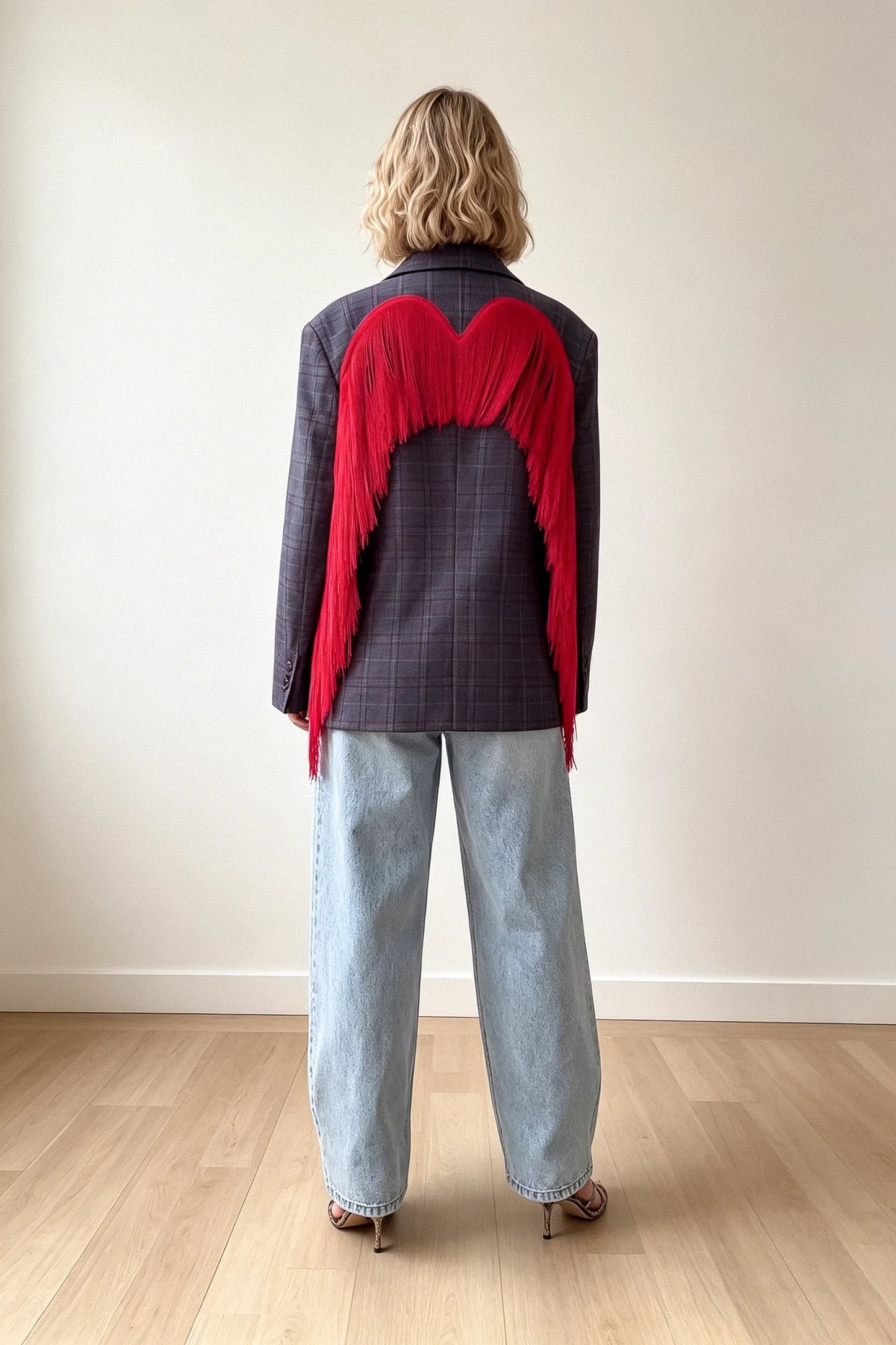 Plaid Blazer with Red Fringe Angel Wings