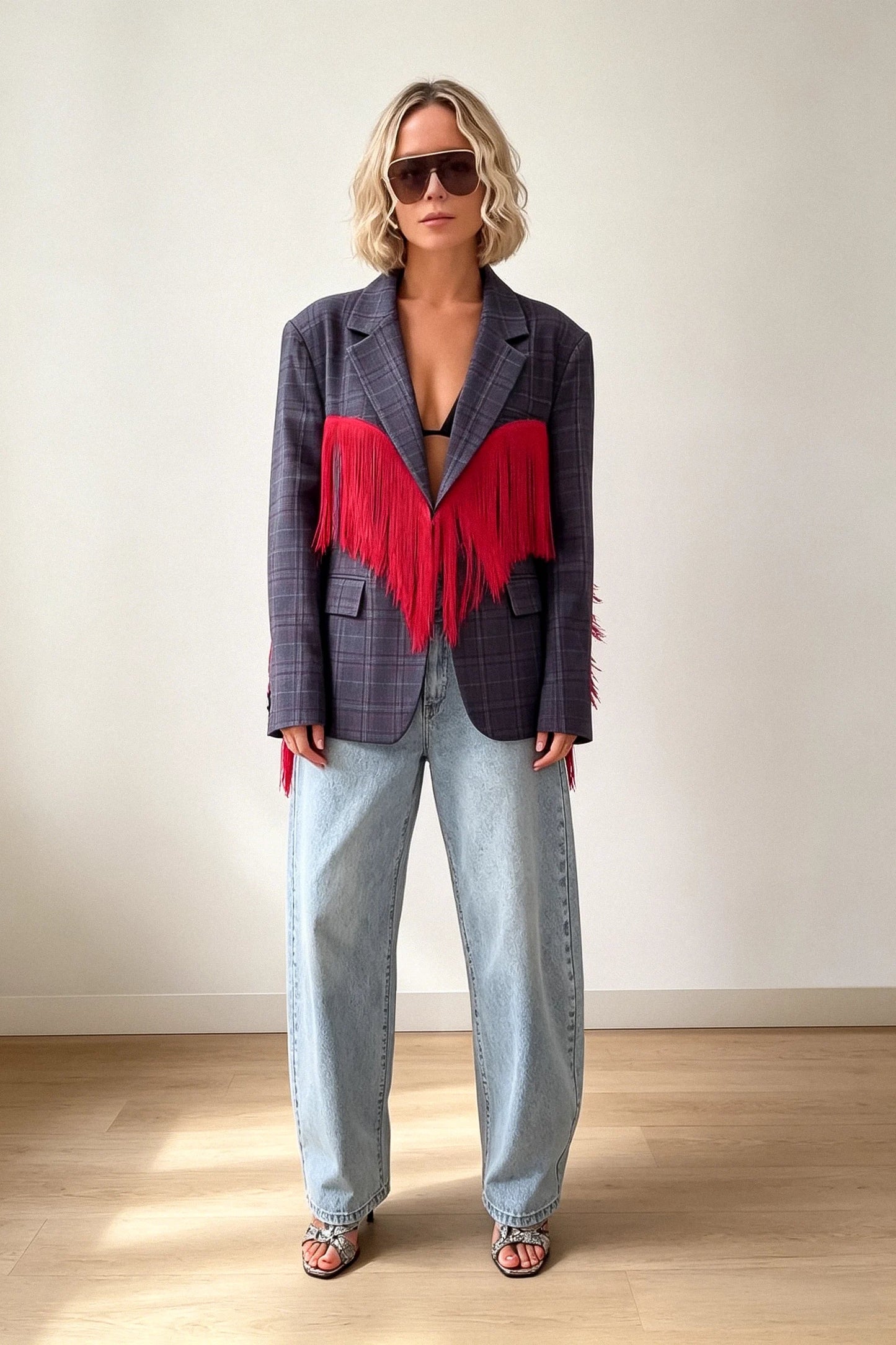 Plaid Blazer with Red Fringe Angel Wings