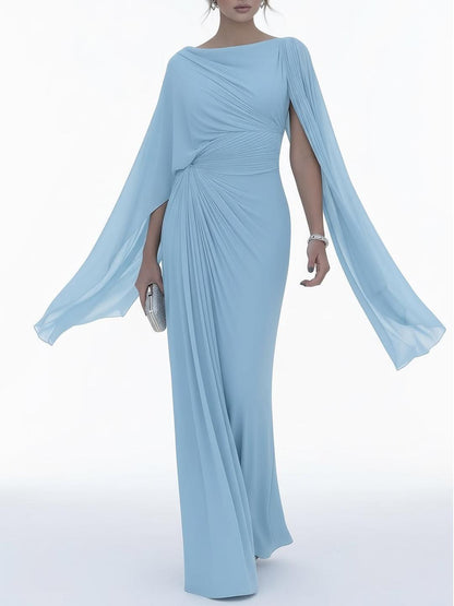 Vestido Longo com Mangas em Capa e Drapado Elegante