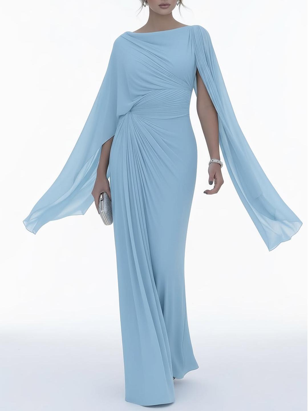 Vestido Longo com Mangas em Capa e Drapado Elegante