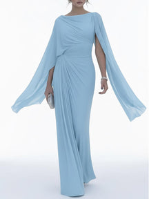 Vestido Longo com Mangas em Capa e Drapado Elegante