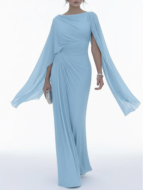 Vestido Longo com Mangas em Capa e Drapado Elegante