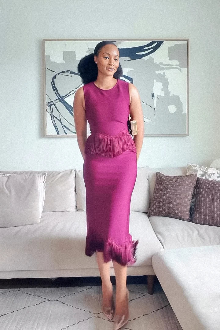 Magenta Fringe Tassel Scalloped Midi Dress