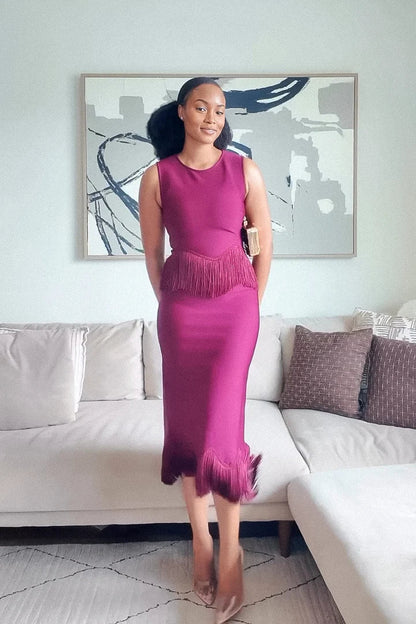Magenta Fringe Tassel Scalloped Midi Dress