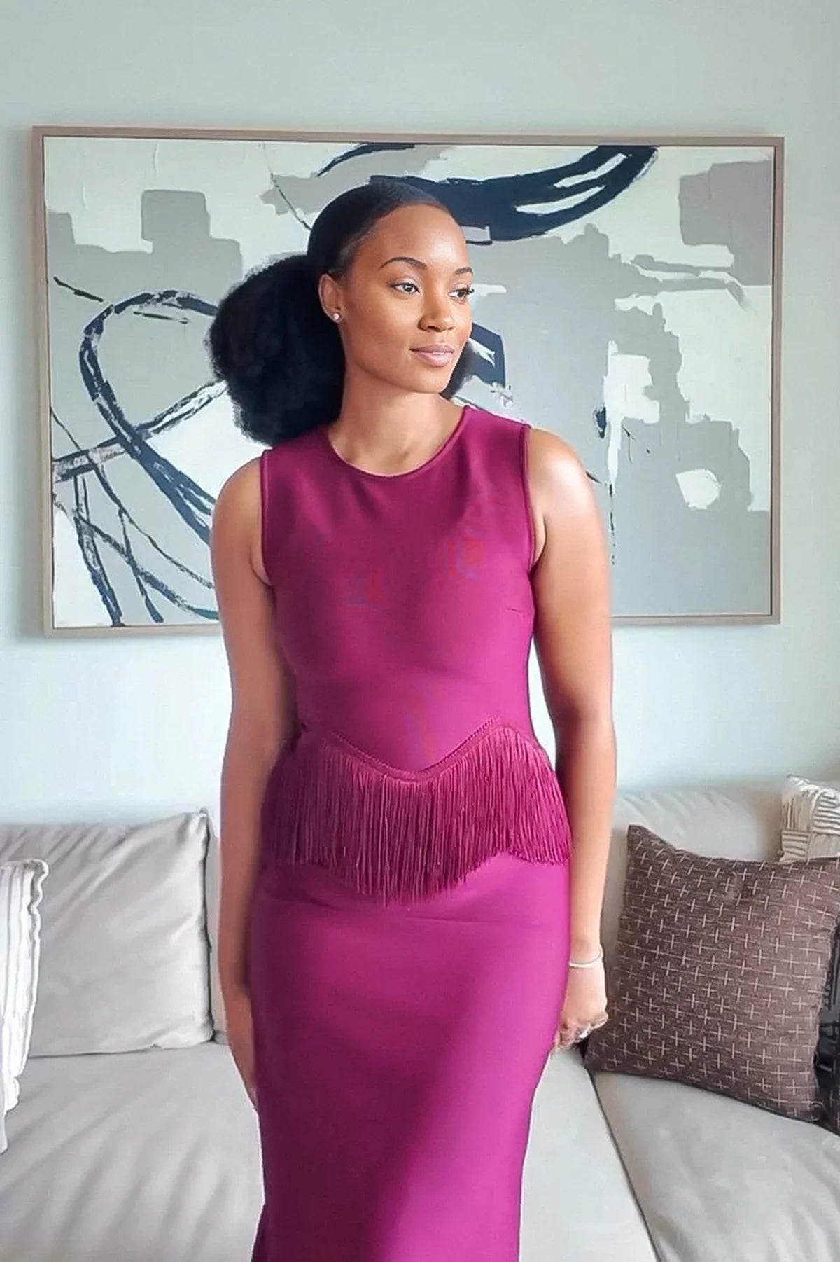 Magenta Fringe Tassel Scalloped Midi Dress