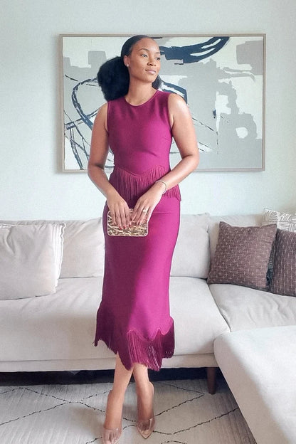 Magenta Fringe Tassel Scalloped Midi Dress