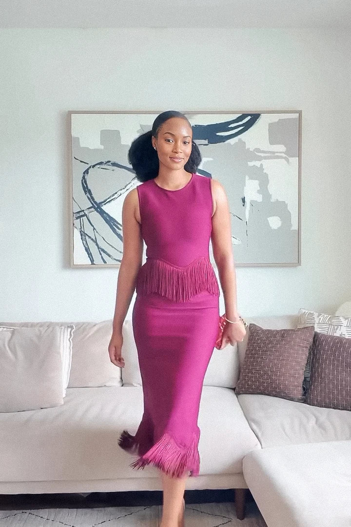 Magenta Fringe Tassel Scalloped Midi Dress