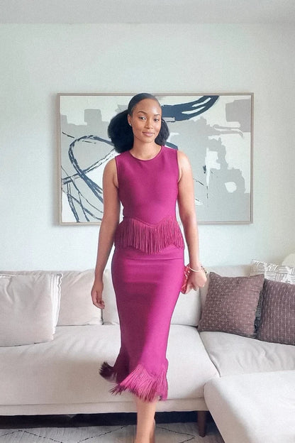 Magenta Fringe Tassel Scalloped Midi Dress
