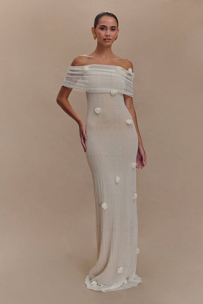 Vestido Longo Tricot Sereia Verde Claro Ombro a Ombro com Aplicações de Orquídeas