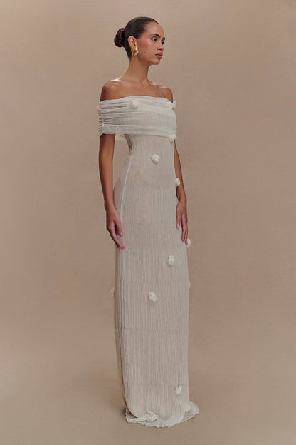 Vestido Longo Tricot Sereia Verde Claro Ombro a Ombro com Aplicações de Orquídeas