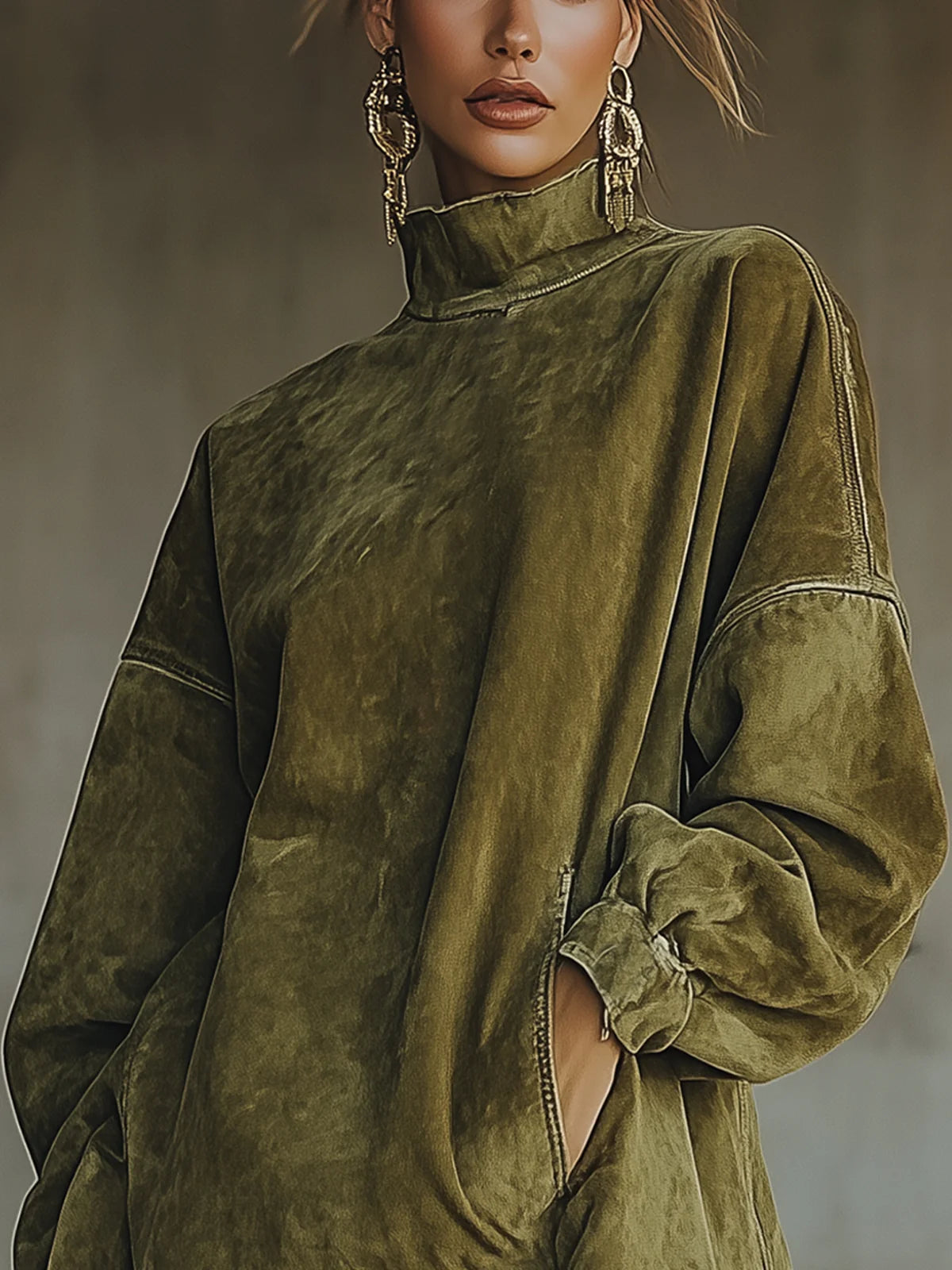 Vestido Gola Alta em Suede Sintético com Barra de Franjas