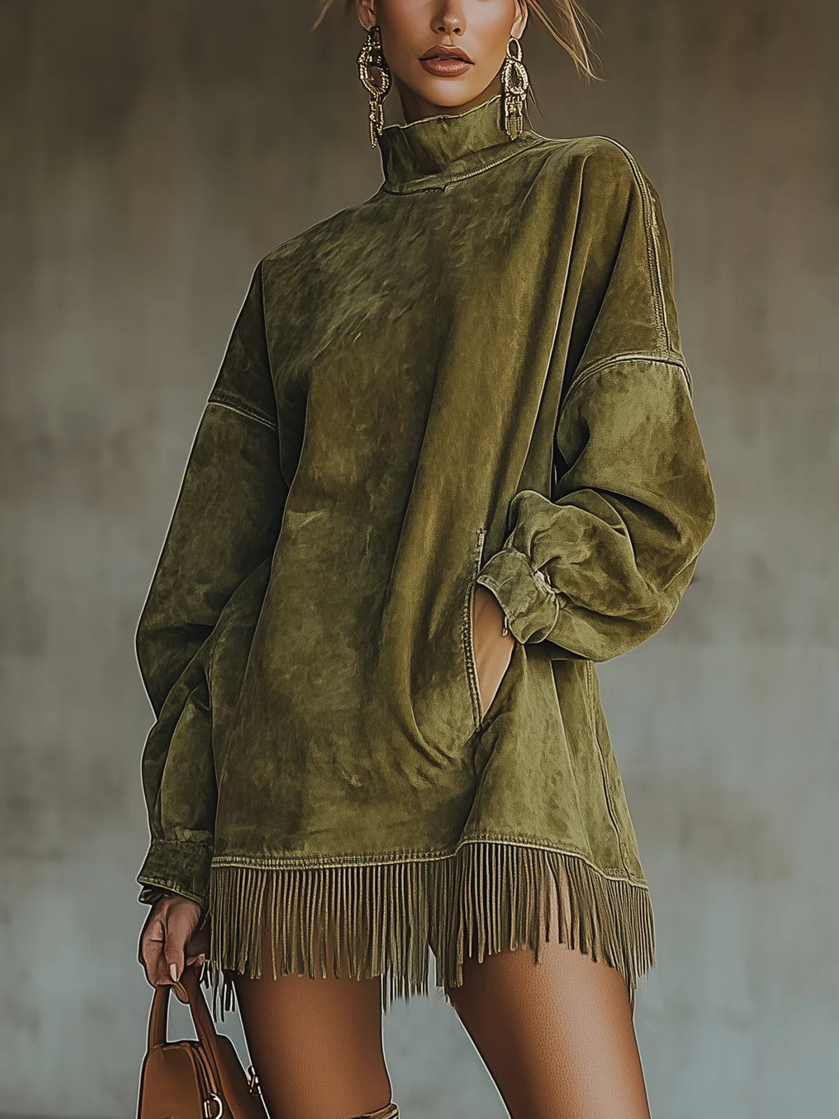 Vestido Gola Alta em Suede Sintético com Barra de Franjas