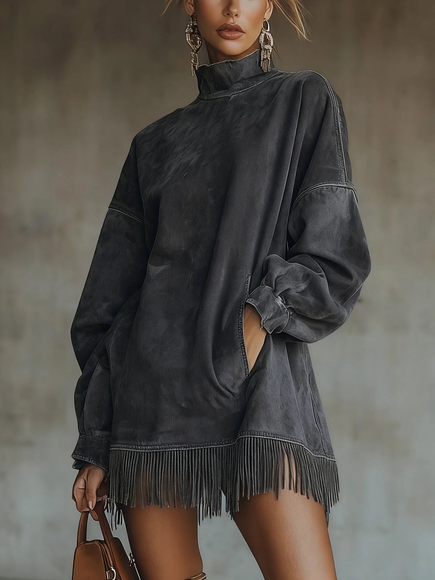 Vestido Gola Alta em Suede Sintético com Barra de Franjas