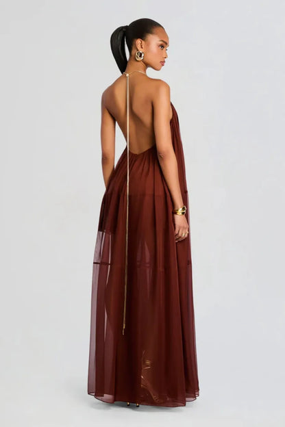 Vestido Longo de Chiffon Arlet com Decote V em Marrom