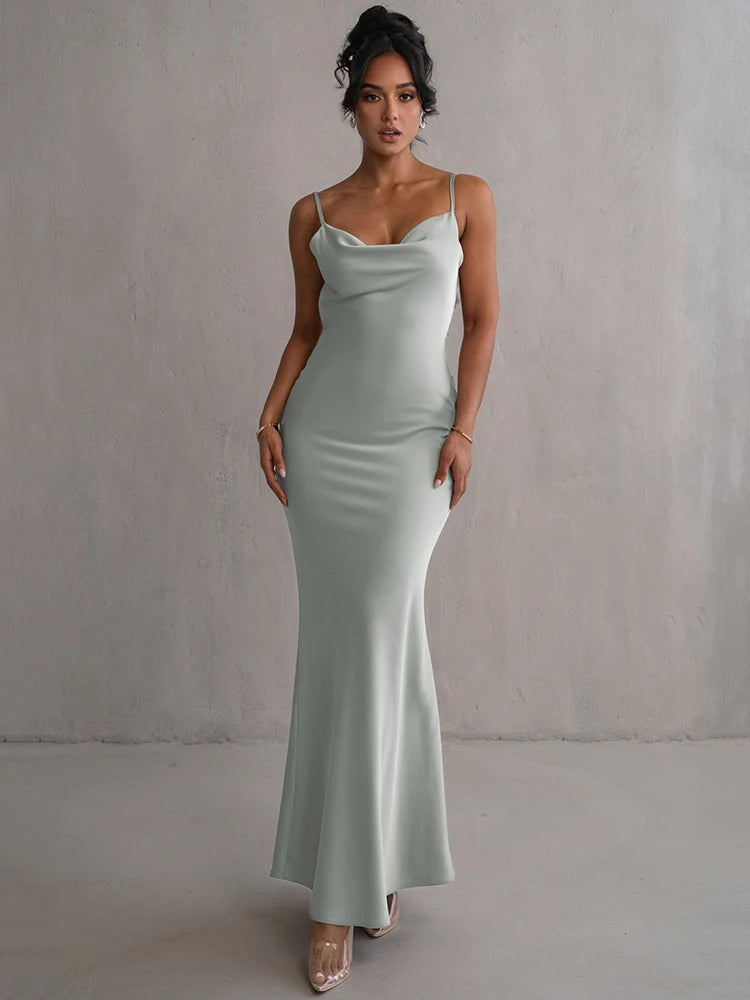 Vestido Feminino Elegante Seraphine – Longo Bodycon Decote V com Alças Finas e Costas Nuas