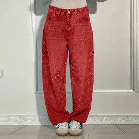 Calça Jeans Feminina Cintura Alta com Strass Luxuosos