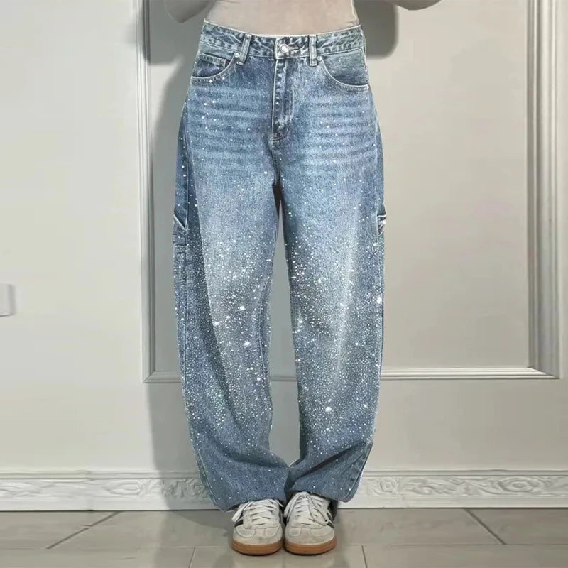 Calça Jeans Feminina Cintura Alta com Strass Luxuosos