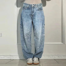 Calça Jeans Feminina Cintura Alta com Strass Luxuosos