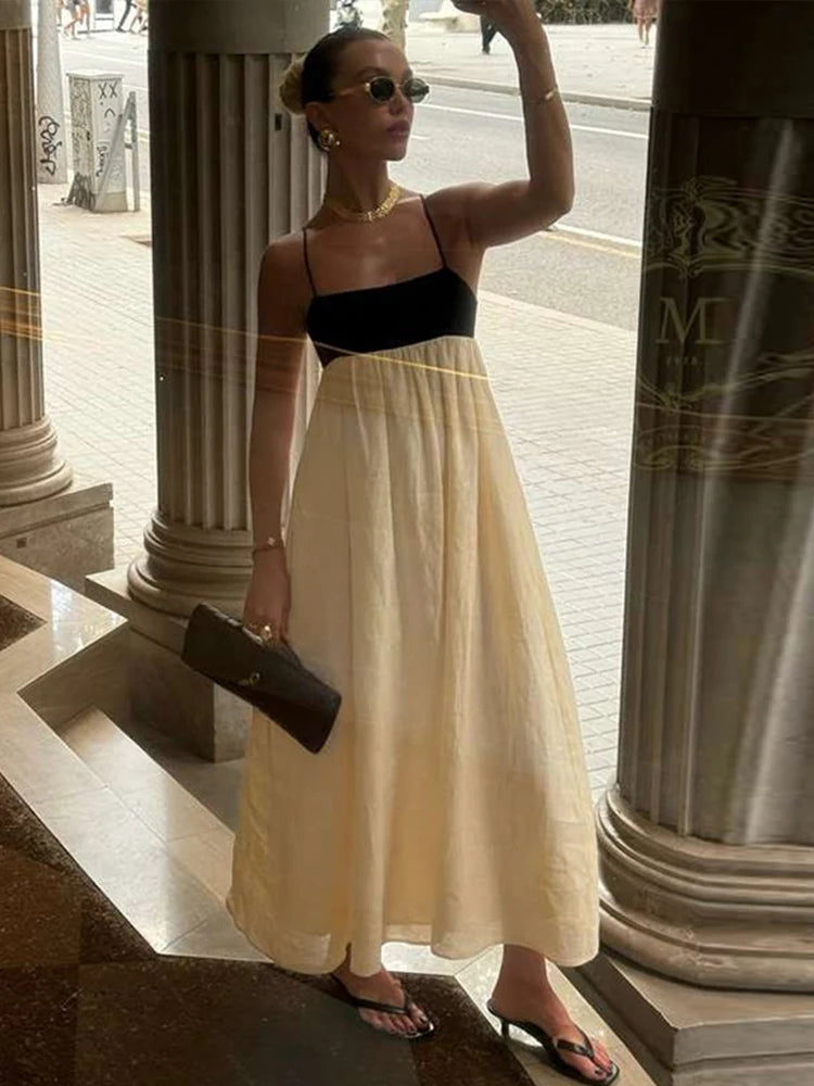Vestido Feminino Elegante Noelis - Longo Bicolor com Decote Quadrado