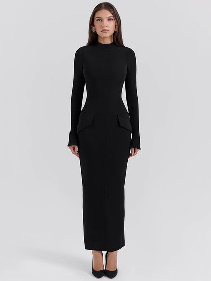 Vestido Lumara Classic – Manga Longa com Fenda e Bolsos