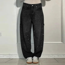 Calça Jeans Feminina Cintura Alta com Strass Luxuosos