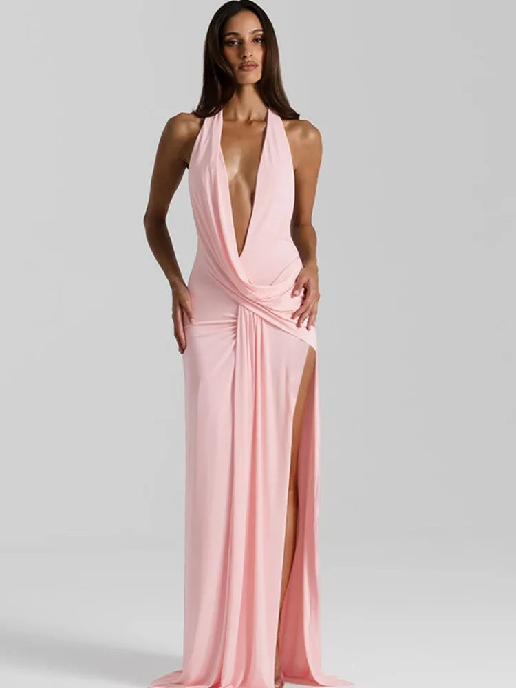 Vestido Longo Halter Decote Profundo Valentina com Fenda Lateral e Costas Nuas