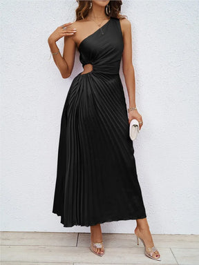 Vestido Feminino Ombro Único com Pregas e Recortes
