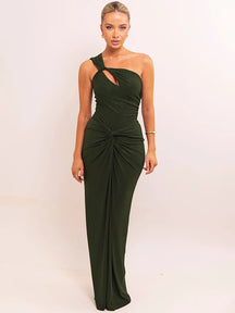 Vestido Longo Elegância Diagonal – Ombro Único e Costas Abertas