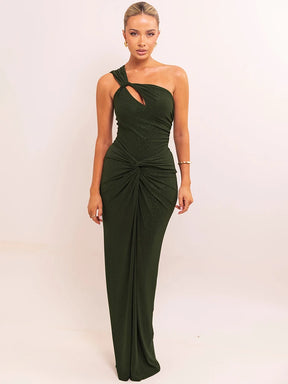 Vestido Longo Elegância Diagonal – Ombro Único e Costas Abertas