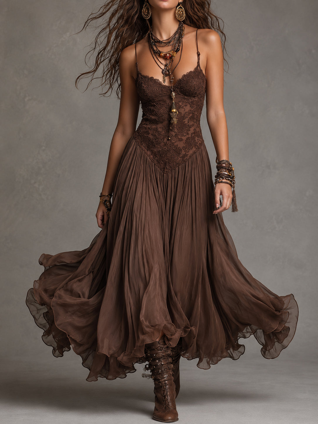 Vestido Longo Chiffon Marrom com Renda Loreta