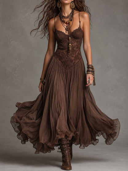 Vestido Longo Chiffon Marrom com Renda Loreta