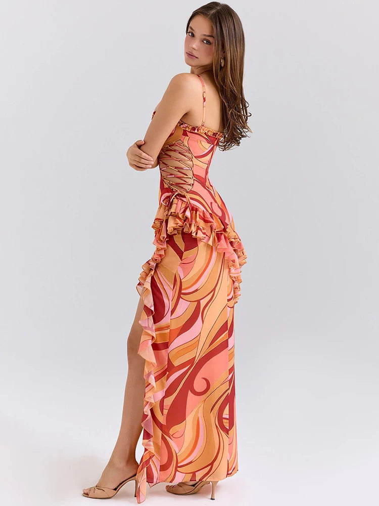 Vestido Longo Encanto Ruffle – Alças Finas e Costas Abertas