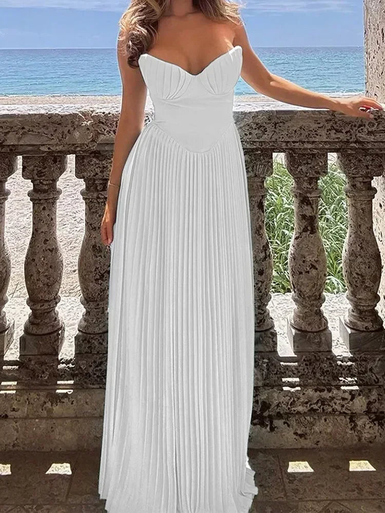 Vestido Longo Plissado Tomara que Caia com Cintura Alta e Costas Nuas - Noemi